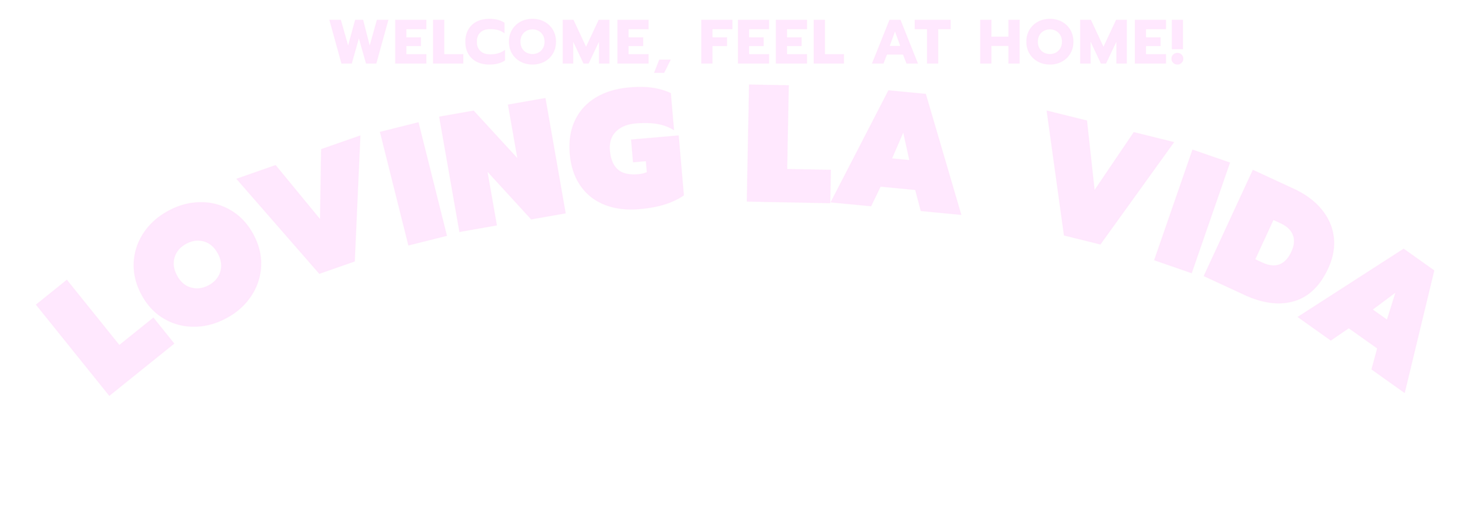 Text 'WELCOME FEEL AT HOME! LOVING LA VIDA' in pink on a white background