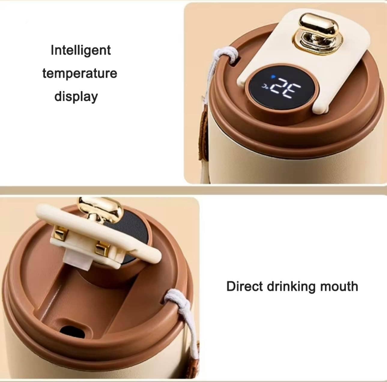 Coffee cup with lid featuring an intelligent temperature display and direct drinking mouth.