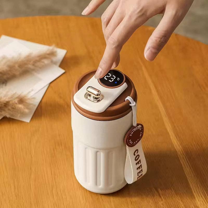 Portable Smart Vacuum Flask Water Bottle Coffee Mug: White Brown