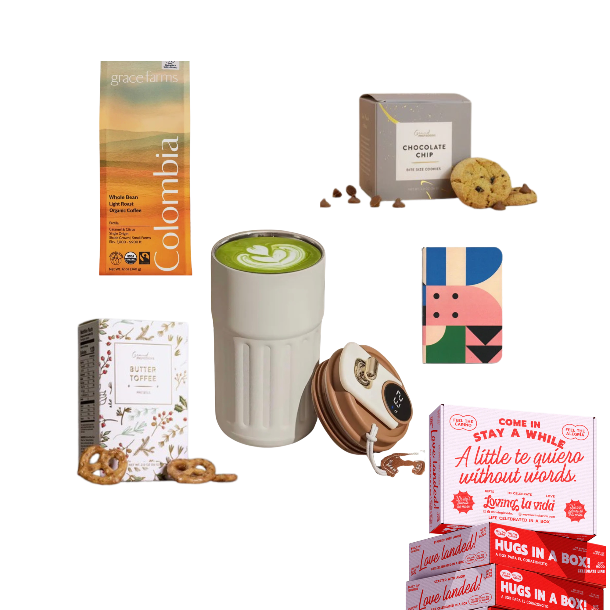 Collection of items including a coffee cup, coffee packaging, cookies, and a box with a card on a white background