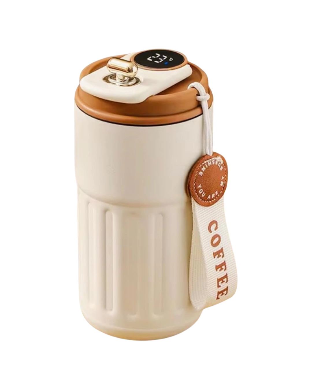 Beige coffee tumbler with brown lid and 'COFFEE' tag on a white background