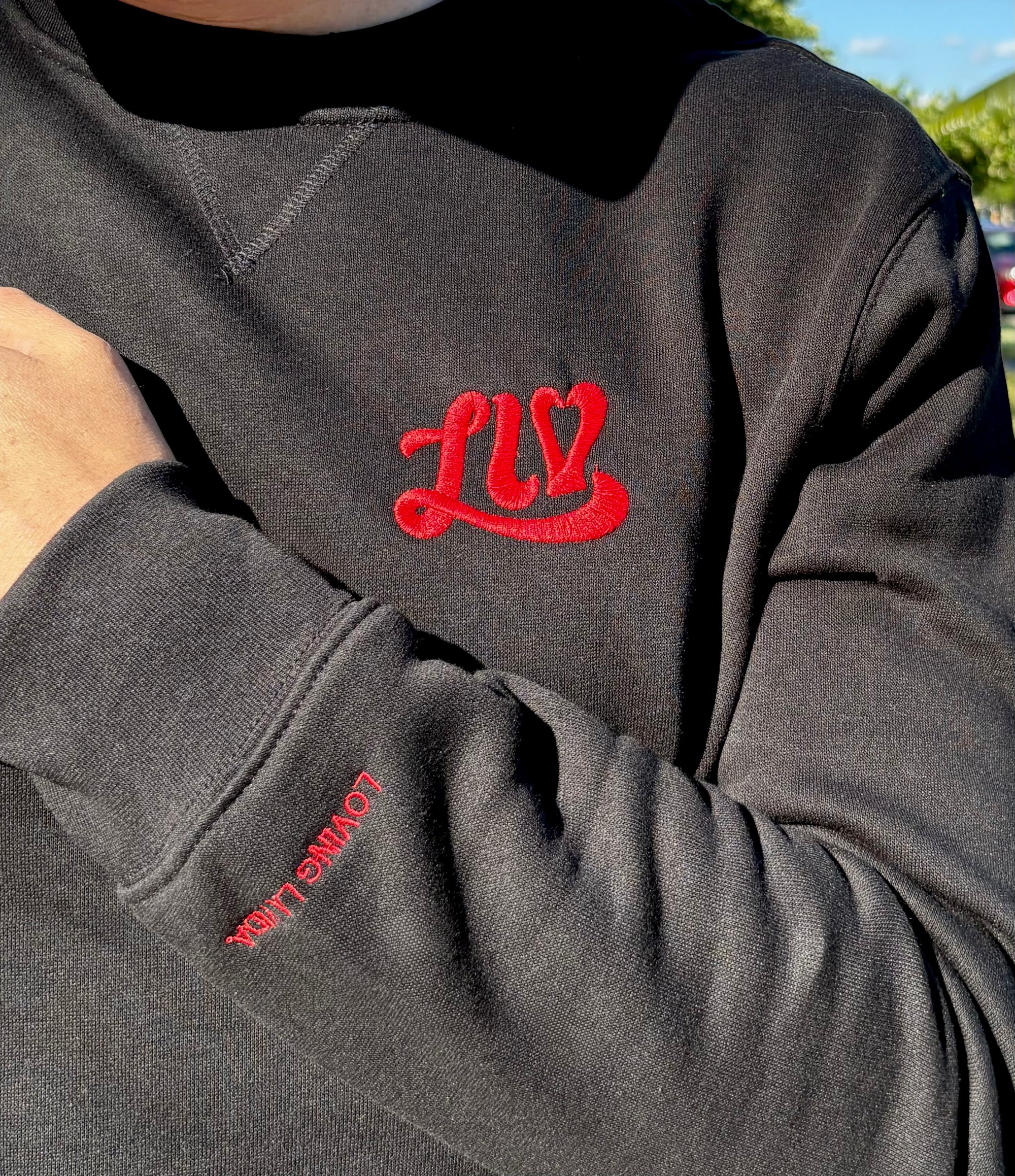 Gray hoodie with red 'LLV' logo on sleeve, outdoors.