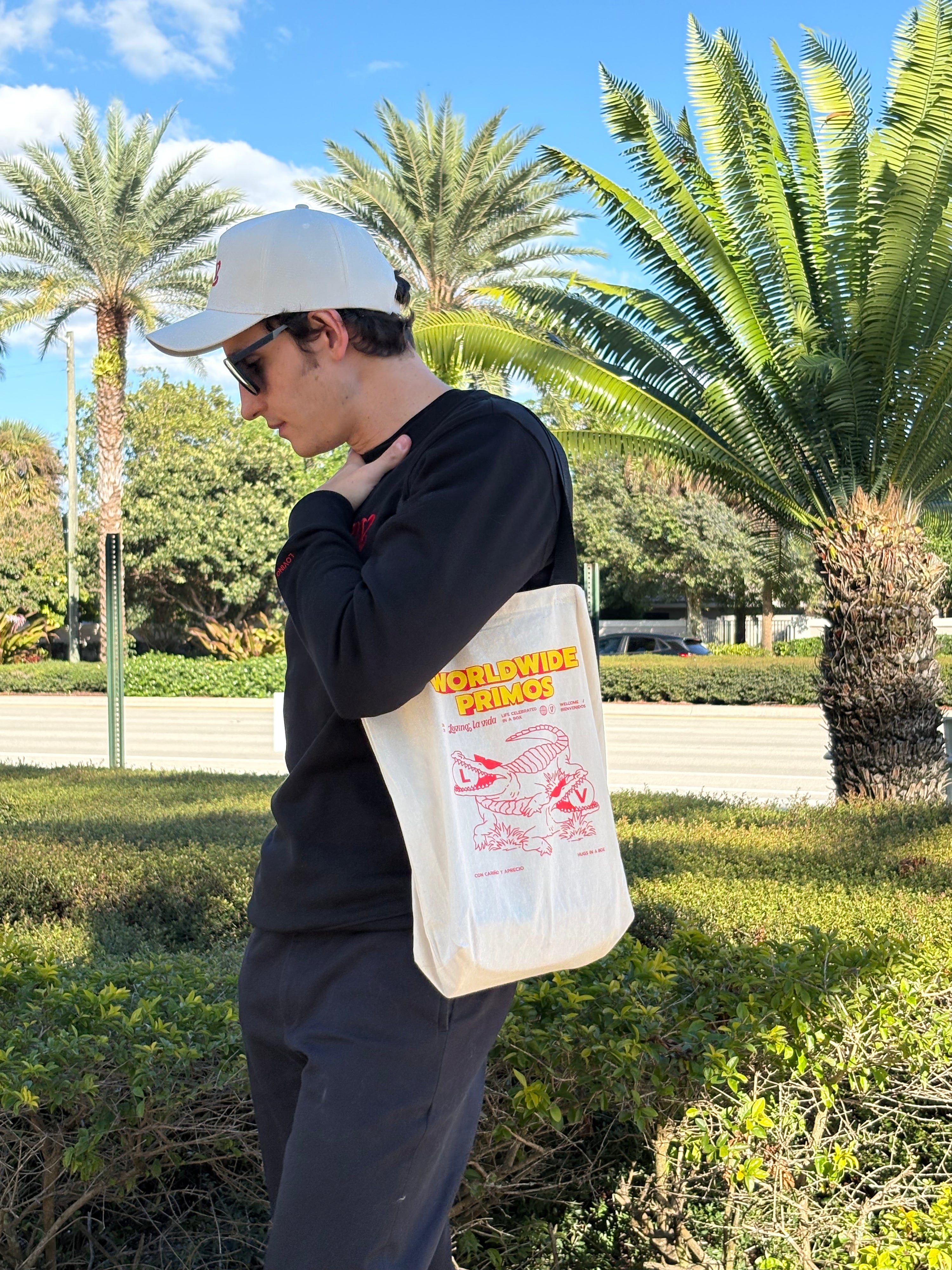 Person holding a tote bag with text and graphics outdoors