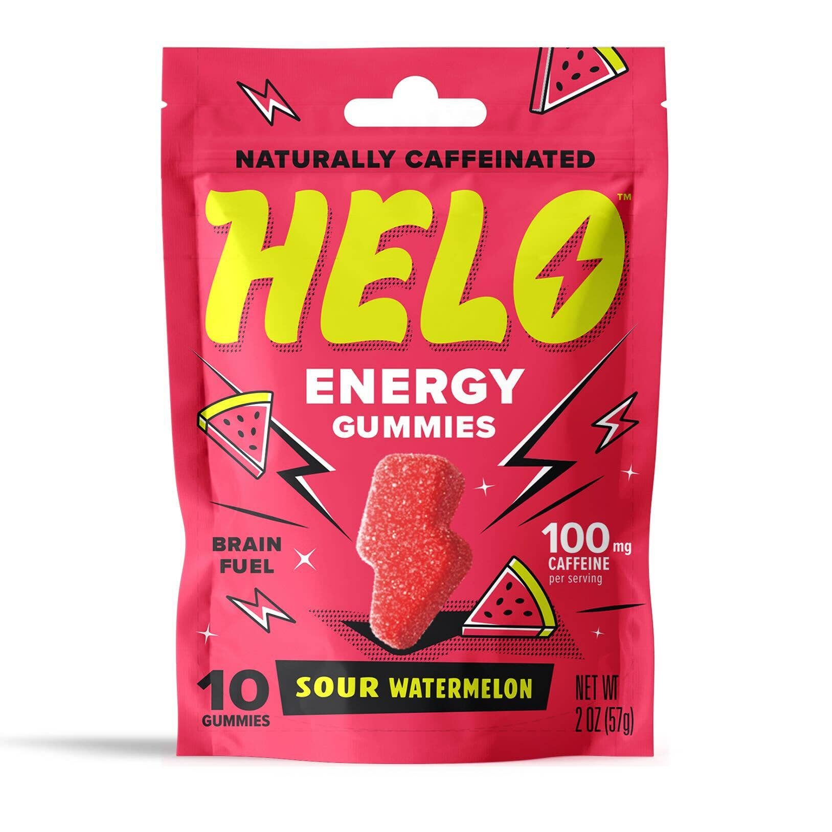 Pink package of HELO energy gummies with yellow text on a white background