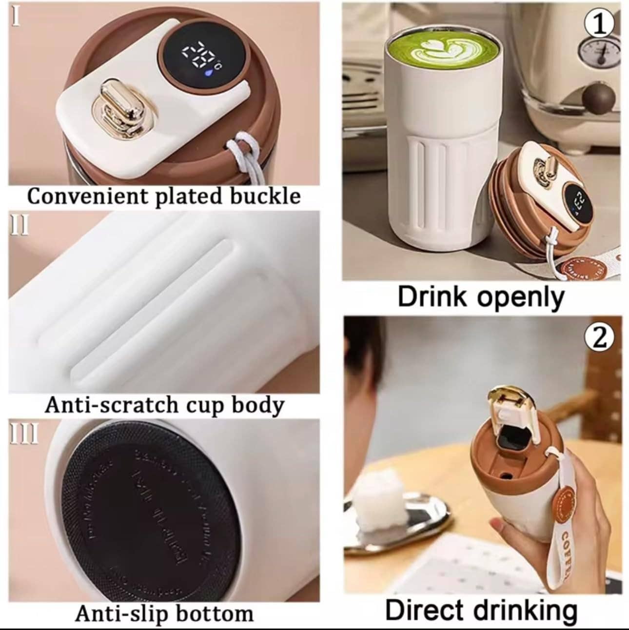 Collage of a white and brown insulated cup with features highlighted.