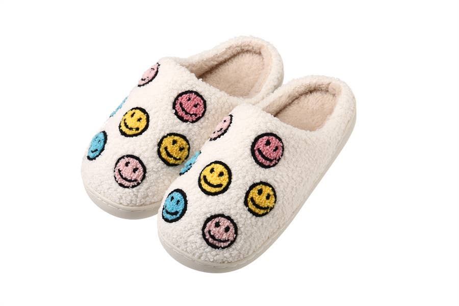 Ladies Plush Evening Slippers with HAPPY FACE White