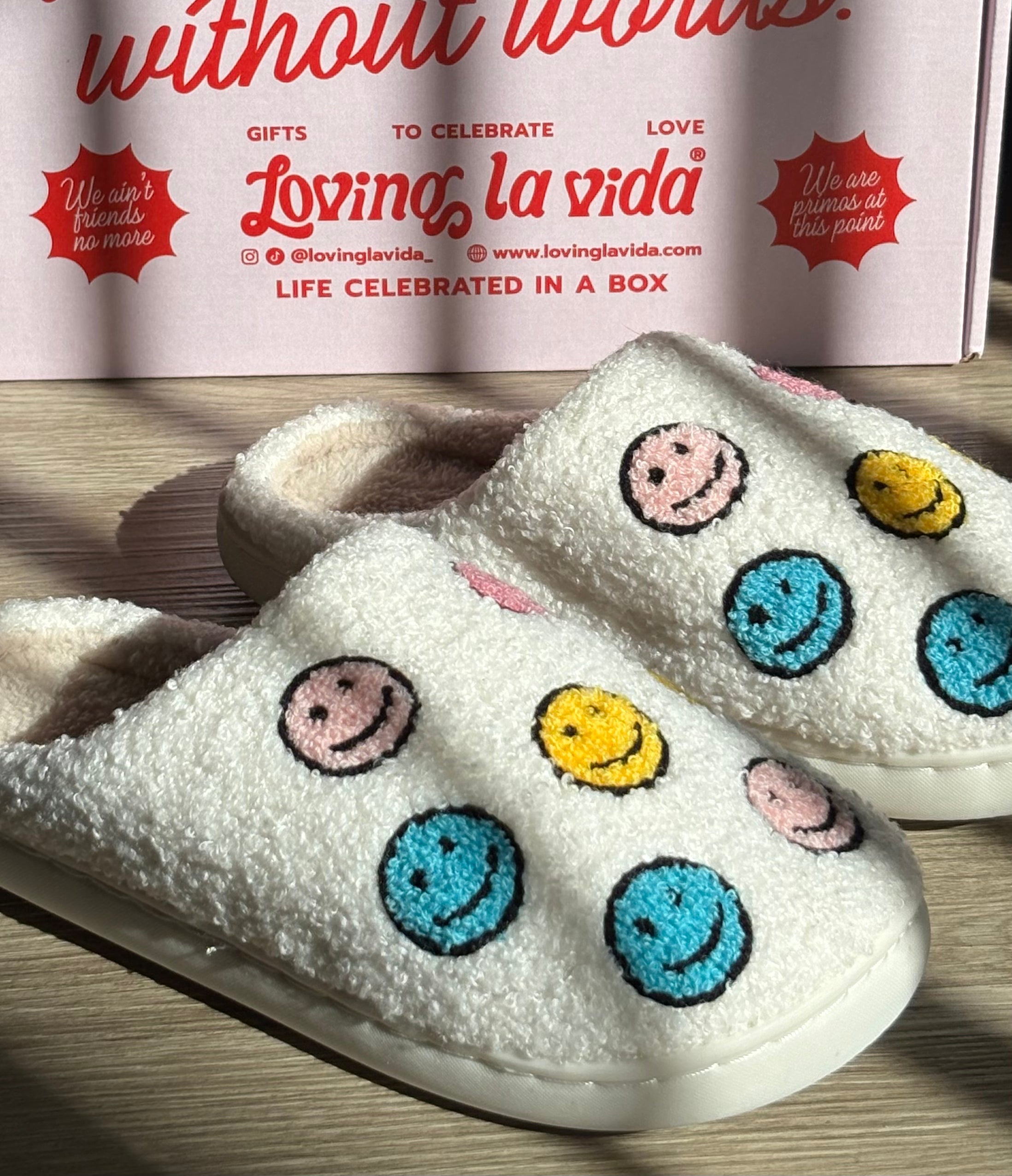 Ladies Plush Evening Slippers with HAPPY FACE White